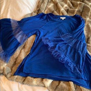 Blue bell sleeve blouse with mesh polka dot detail